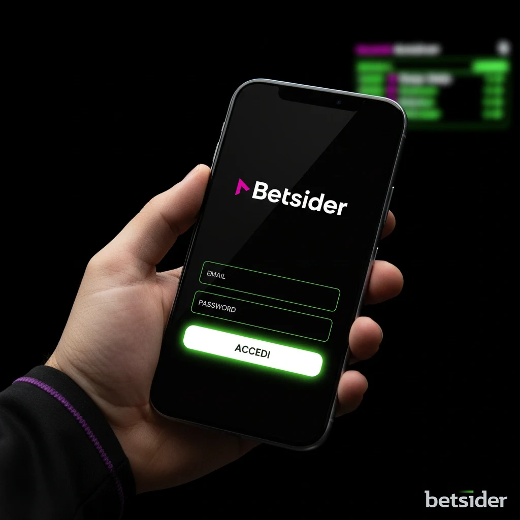 Uno smartphone che mostra la schermata di accesso dell'app Betsider. Il logo è visibile e lo sfondo suggerisce un'atmosfera sportiva e di gioco.