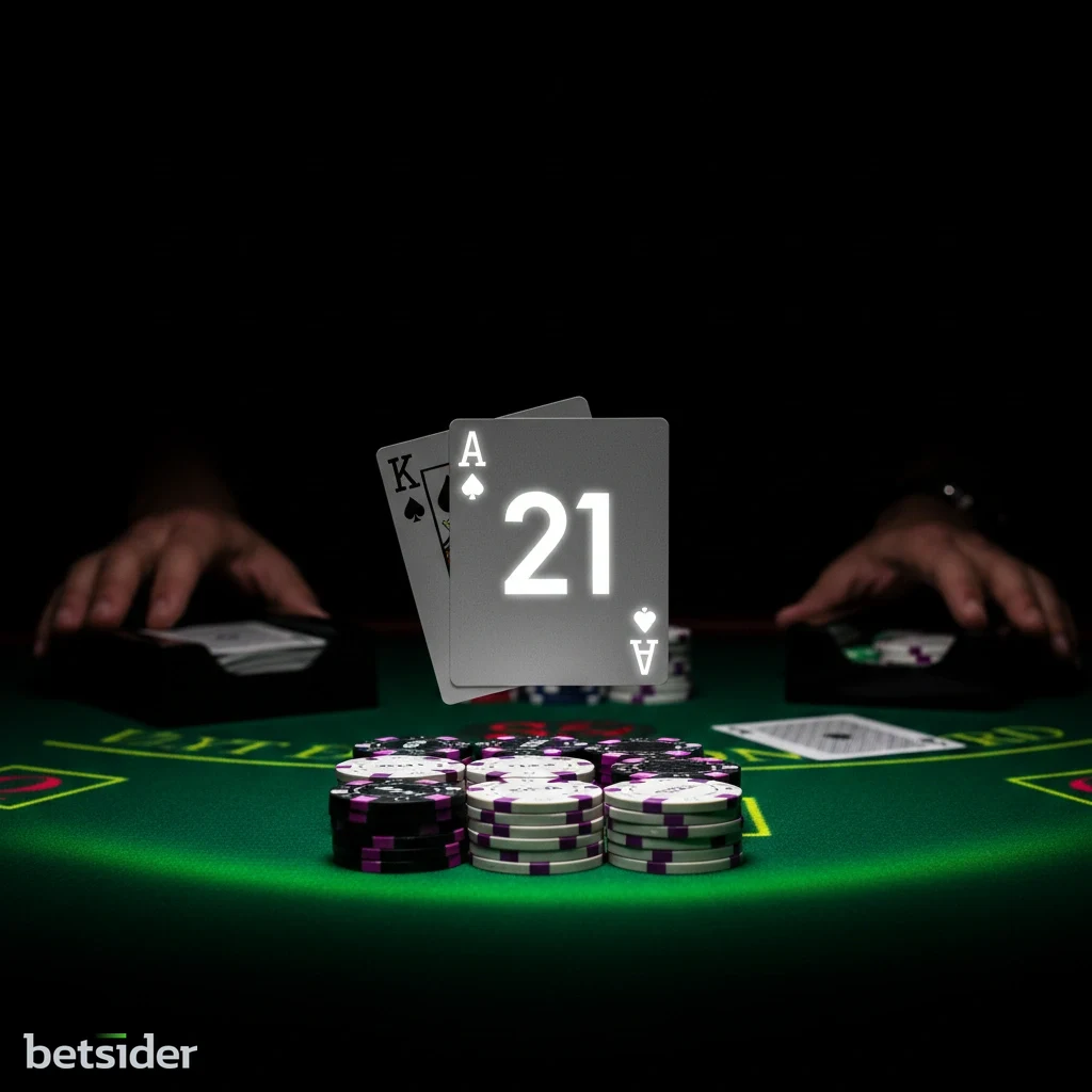 Un primo piano di un tavolo da blackjack dalla prospettiva del giocatore. Le carte del giocatore mostrano un 21, con le fiches e le carte del banco visibili in secondo piano. L'atmosfera è elegante e concentrata.