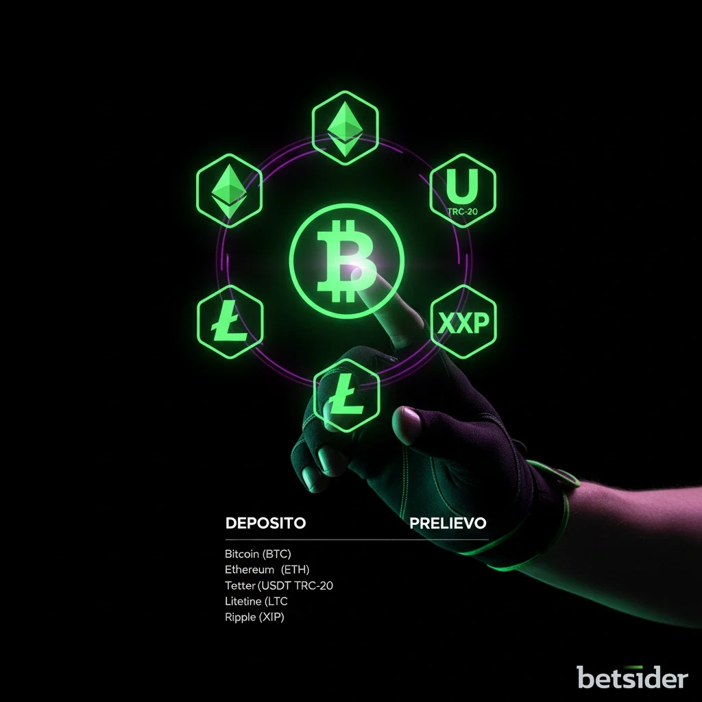 Loghi delle principali criptovalute accettate da Betsider, tra cui Bitcoin ed Ethereum.