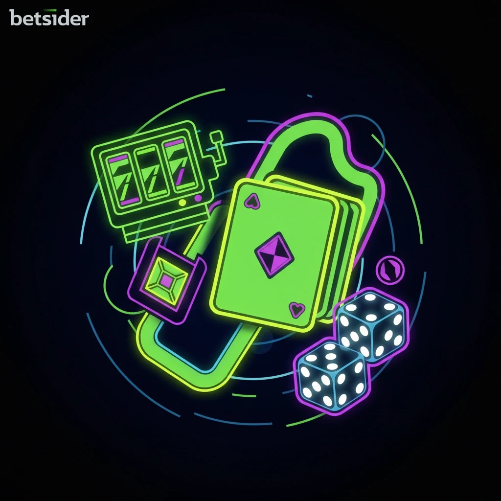 Una composizione astratta con icone luminose di giochi da casinò come slot, carte e dadi, disposte su uno sfondo blu profondo con effetti di luce.