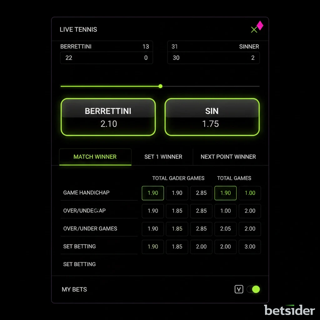 Interfaccia della sezione scommesse live di Betsider che mostra le quote di una partita di tennis.