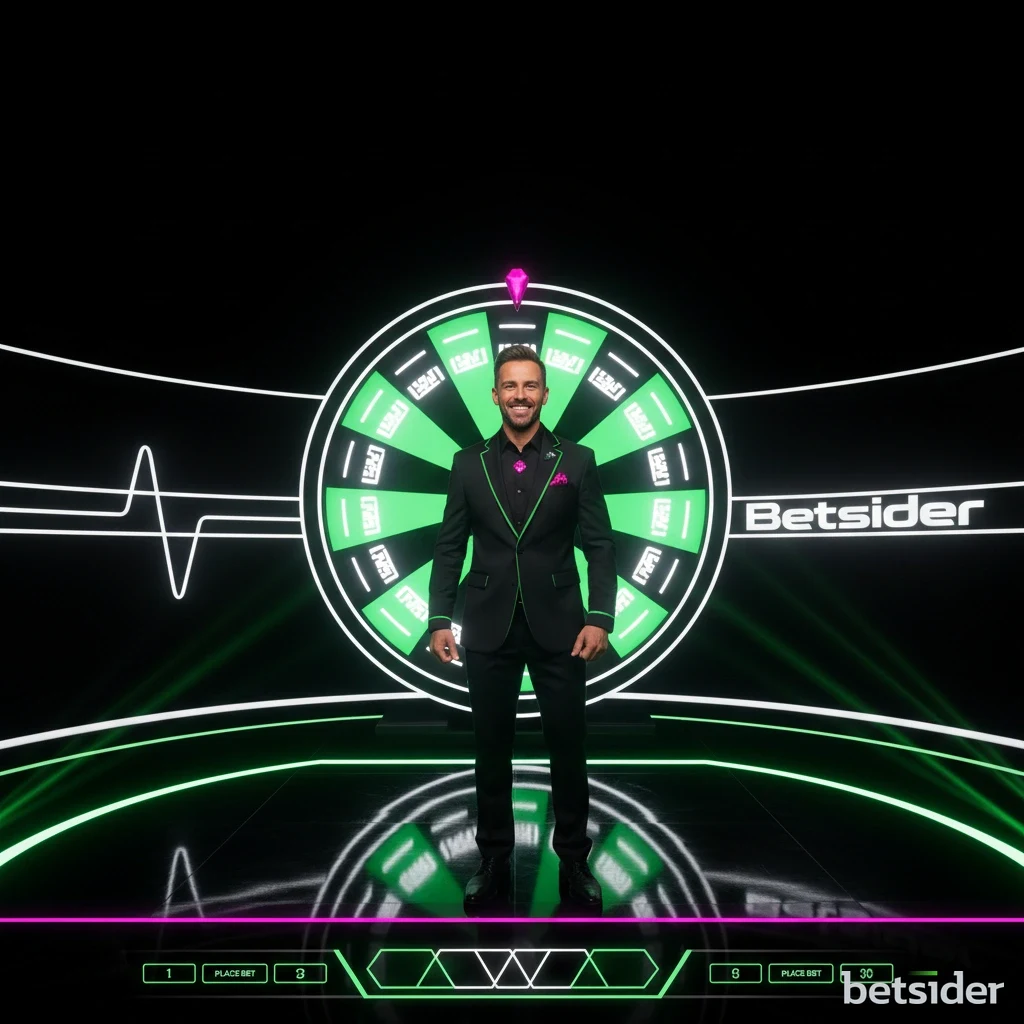 Host di un game show live su Betsider che gira la ruota dei premi.