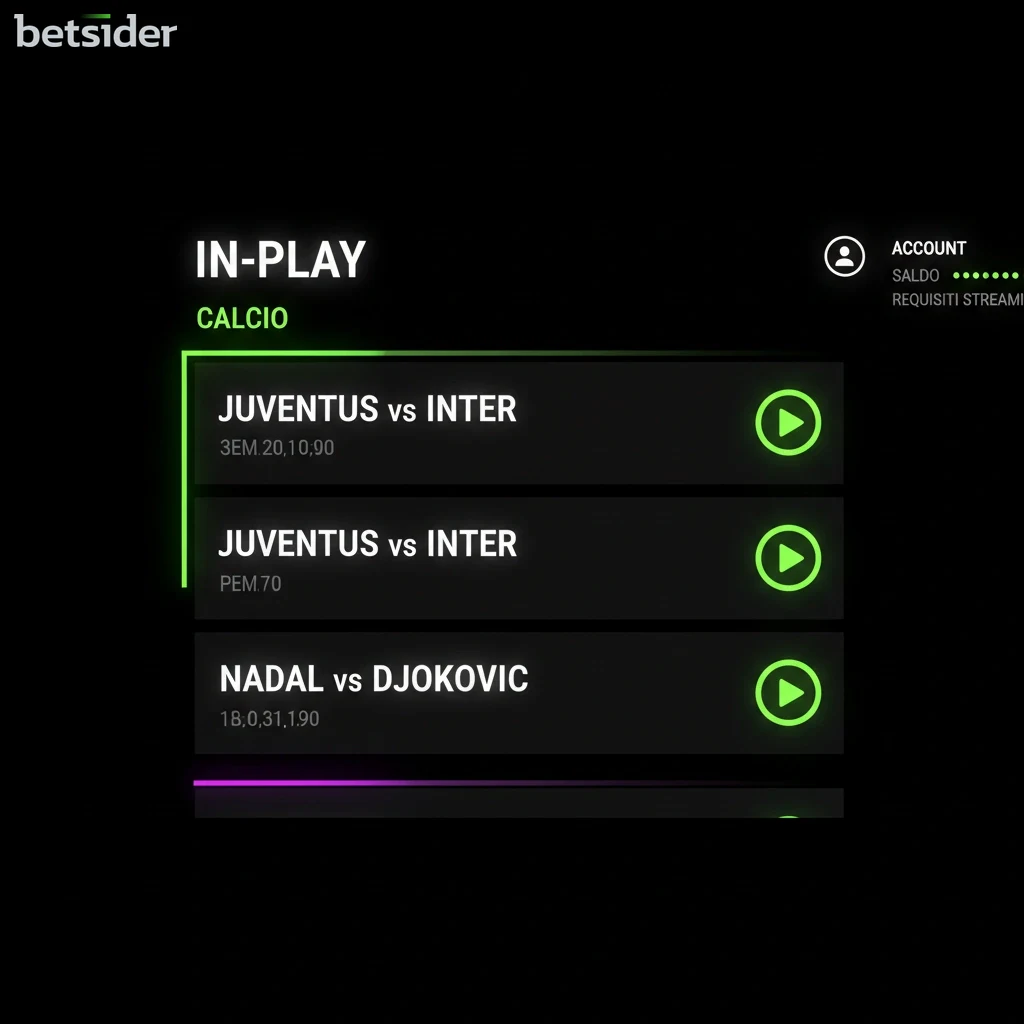 Palinsesto di eventi sportivi live su Betsider con l'icona dello streaming.