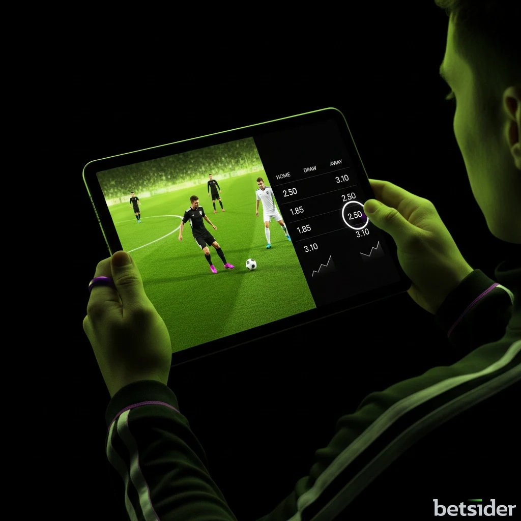 Una persona che guarda una partita di calcio in streaming su un tablet mentre piazza una scommessa live.