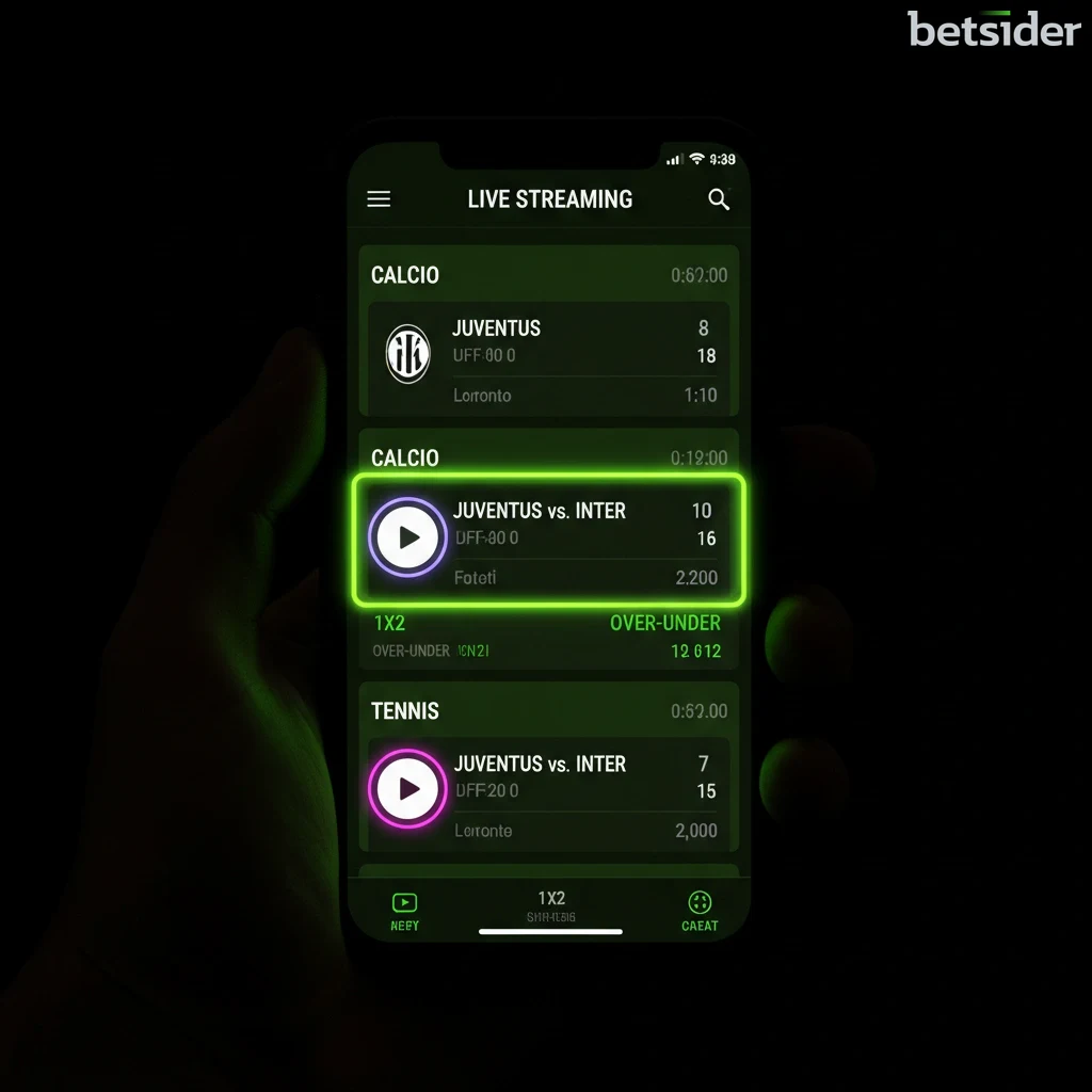 Un dito che preme l'icona 'play' per avviare un live stream su un'app di scommesse.