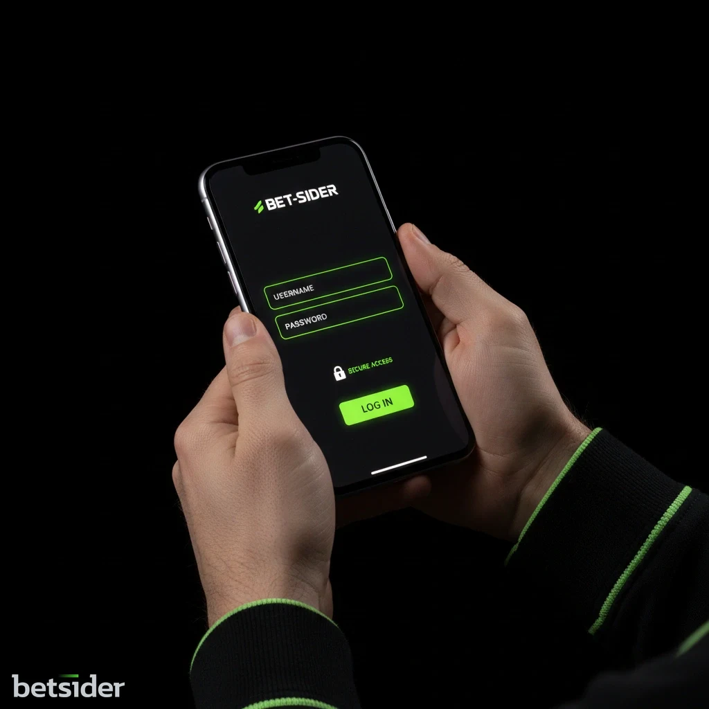 Una persona che tiene in mano uno smartphone, con la schermata di login di un casinò online visibile. L'atmosfera è concentrata e sicura, suggerendo l'accesso a un account personale.