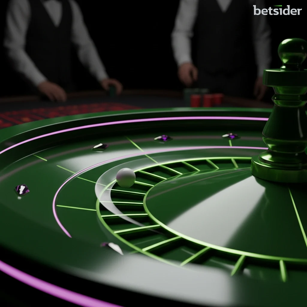 Un primo piano di una ruota della roulette in legno lucido con la pallina bianca che gira. Lo sfondo è volutamente sfocato per evidenziare il gioco, suggerendo un ambiente di casinò dal vivo.