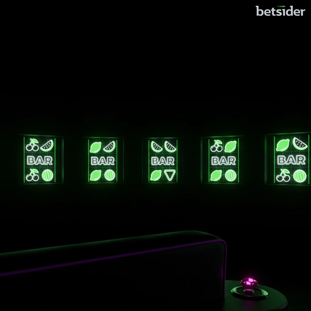 Interfaccia di una slot machine classica a 3 rulli con simboli di frutta e BAR.