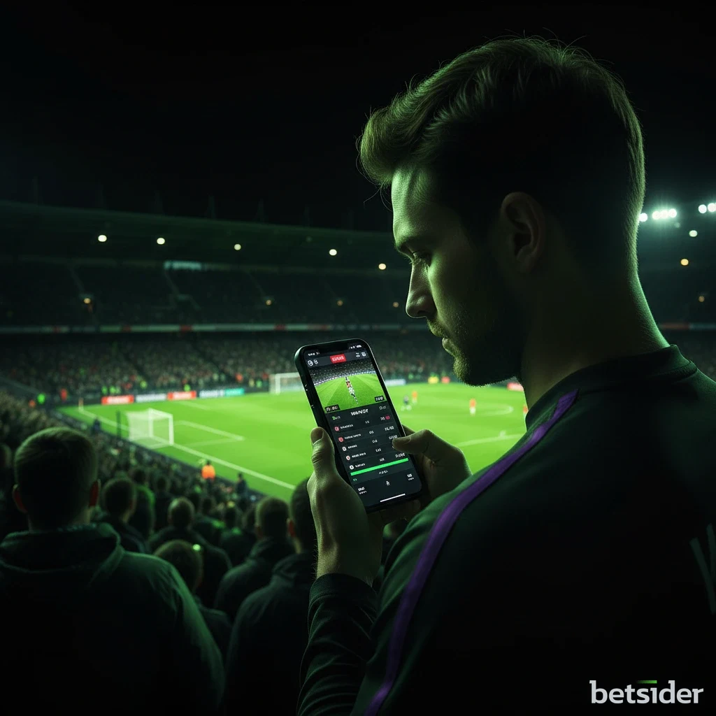 Un tifoso di calcio guarda una partita sul suo smartphone in uno stadio affollato, con l'interfaccia di scommesse live visibile sullo schermo.