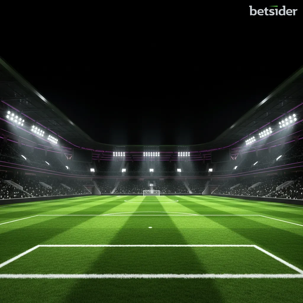 Un moderno stadio di calcio illuminato di notte, pronto per una partita importante, con le luci brillanti che creano un'atmosfera drammatica.