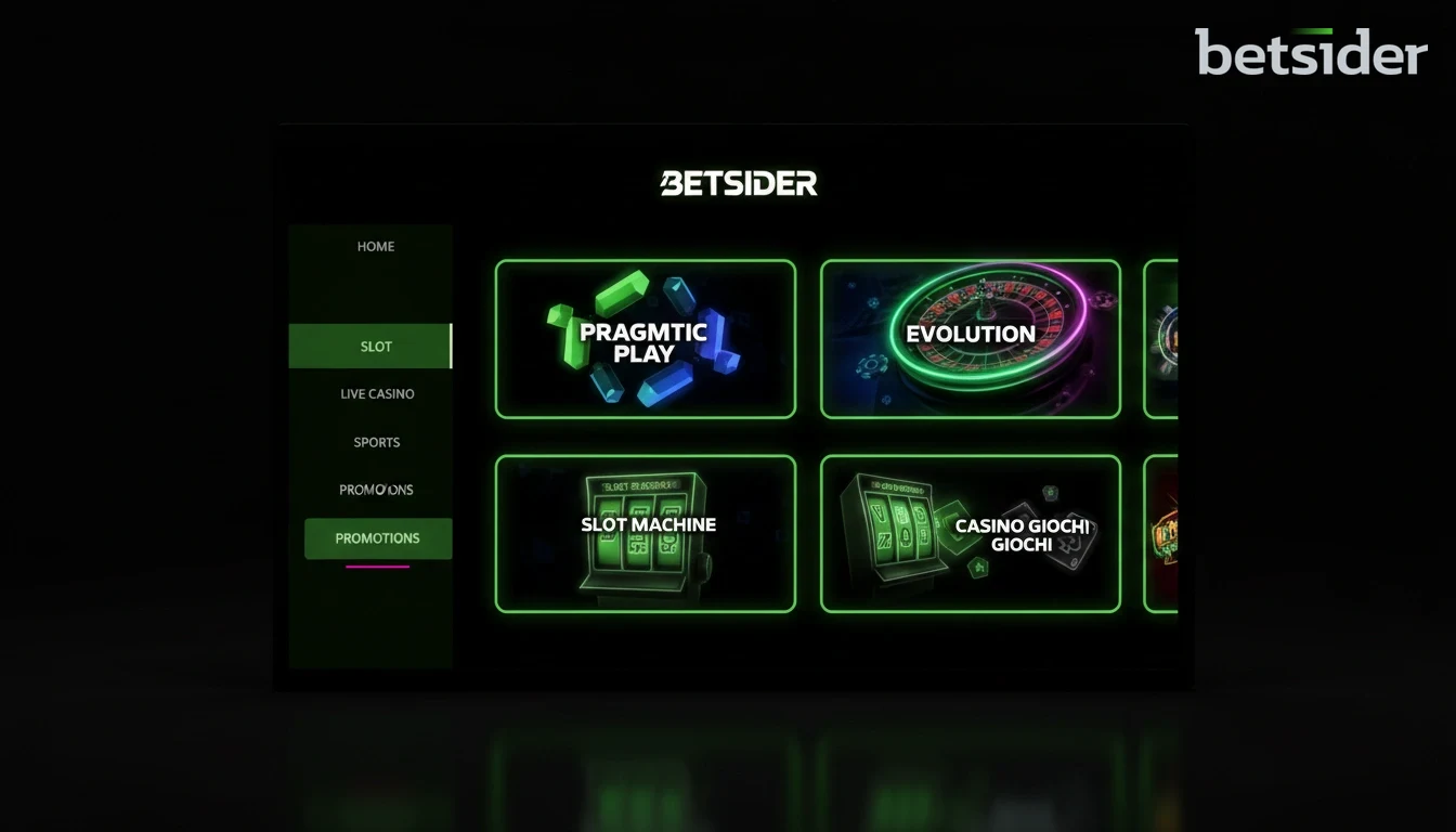 Schermata della lobby del casinò di Betsider che mostra una selezione di giochi di slot popolari e l'interfaccia utente per la navigazione tra le diverse categorie di gioco.