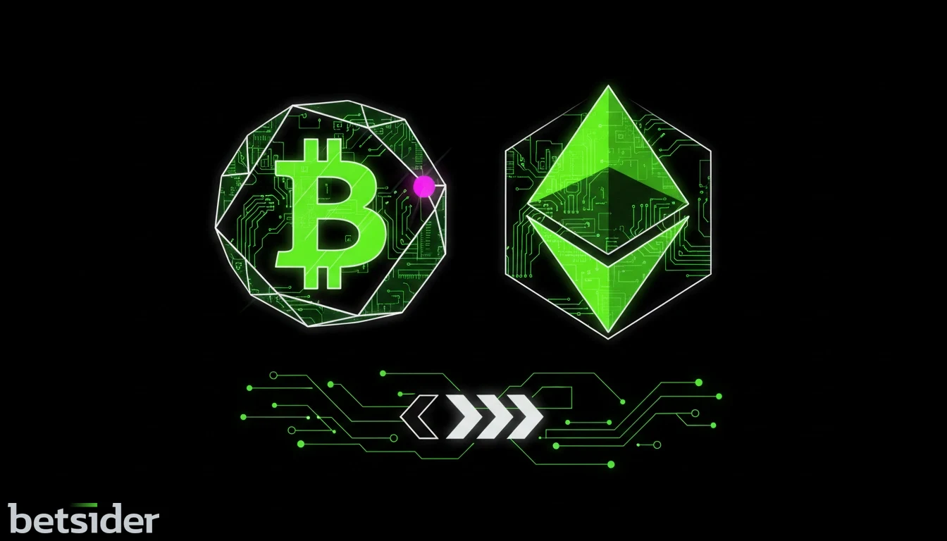 Una rappresentazione grafica di criptovalute come Bitcoin ed Ethereum su uno sfondo digitale, che simboleggia i pagamenti moderni e sicuri nel gioco online.
