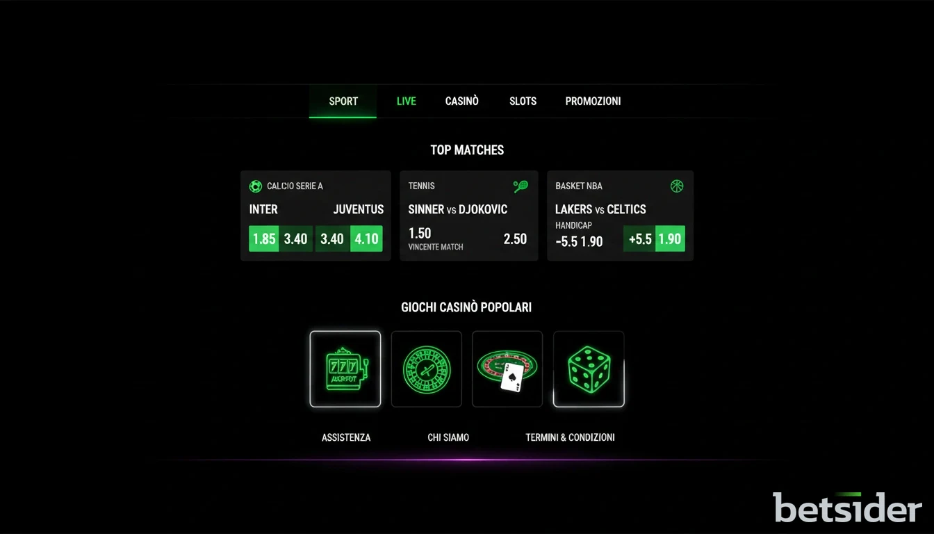 Schermata della homepage di Betsider che mostra una selezione di quote per eventi sportivi e icone di popolari giochi da casinò.