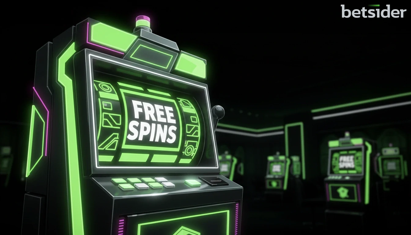 Una slot machine stilizzata che mostra il simbolo "Free Spins" sui rulli. Luci al neon e un'atmosfera da casinò moderno sullo sfondo, a simboleggiare un'offerta di bonus.