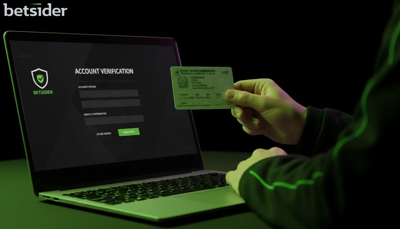 Una persona che tiene in mano una carta d'identità italiana accanto a un computer portatile che mostra la pagina di verifica di Betsider, a simboleggiare il processo di sicurezza KYC.
